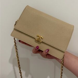Chanel Caviar Beige small flap crossbody bag with gold chain and cc lock